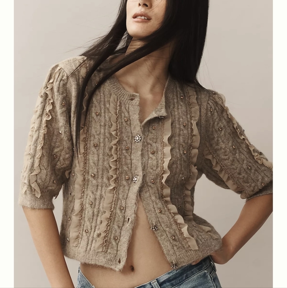 Anthropologie Maeve Short Sleeve Embellished Ruffle Cardigan Size L, New W Tags